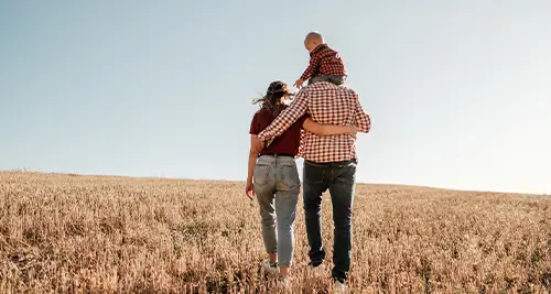Papa portant un bébé sur ses épaules dans un champ de blé en vacances d'été en village de vacances en France