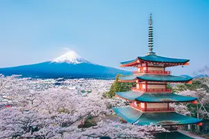 Mont Fuji enneigé en arrière-plan d’un temple traditionnel japonais, parfait pour un circuit VTF au Japon